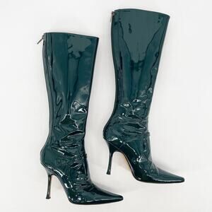Retro Jimmy Choo Bottle Green Patent Leather Knee High Pointed Toe Boot IT 39.5